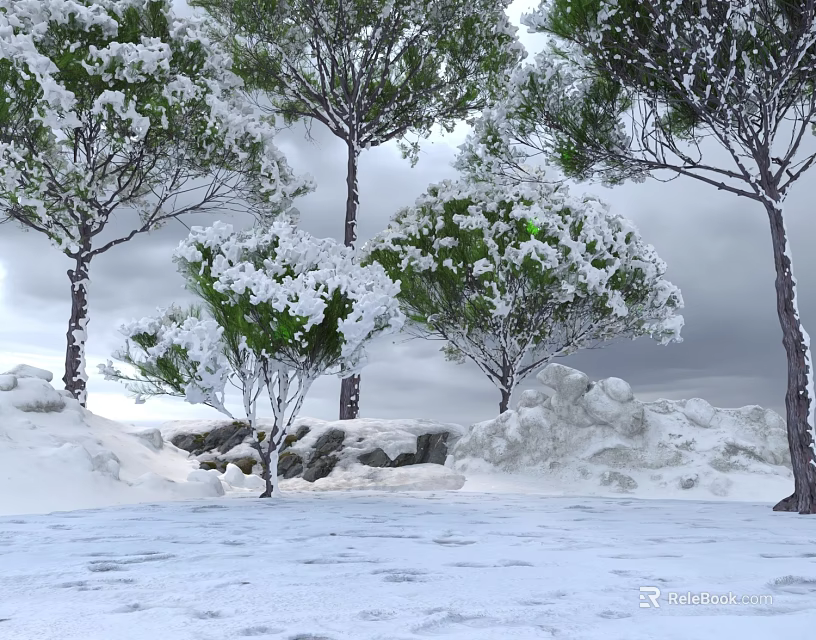 Snow Covered Tall Trees In Winter Snowy Landscape With Rocks And Overcast Sky 3d model 
