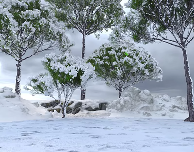 Snow Covered Tall Trees In Winter Snowy Landscape With Rocks And Overcast Sky 3d model