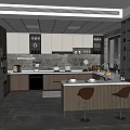 Modern Kitchen Interior With Gray Cabinets Island Counter And Brown Bar Stools