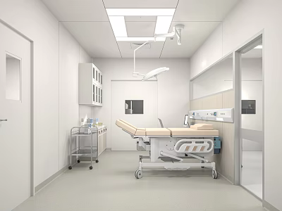 Modern Hospital Medical Treatment Room With Surgical Bed Lamp Equipment And White Walls 3d model
