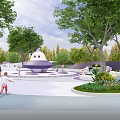 Children's Play Area With Curved Purple White Structures Lush Green Trees And Pathways