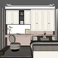 Modern Light Colored Tatami Bedroom With White Cabinetry Dressing Table And Round Chair Rug