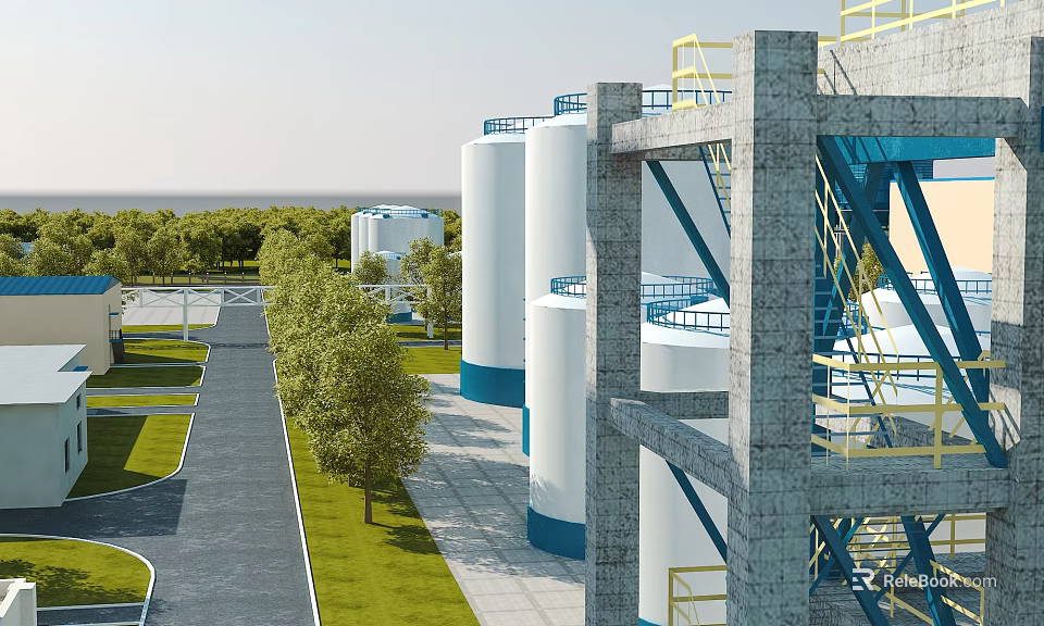Industrial Factory Site Featuring White Storage Tanks Blue Bases Yellow Stairs Concrete Structures Green Trees 3d model 