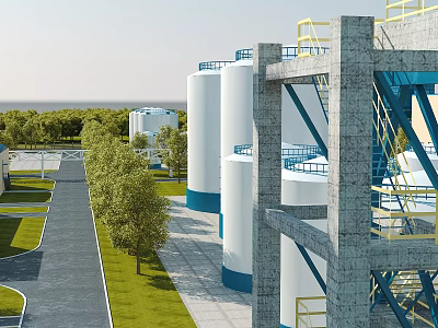 Industrial Factory Site Featuring White Storage Tanks Blue Bases Yellow Stairs Concrete Structures Green Trees 3d model