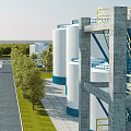 Industrial Factory Site Featuring White Storage Tanks Blue Bases Yellow Stairs Concrete Structures Green Trees