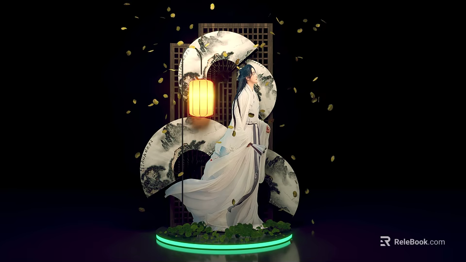 Ancient Style Figure In White Robe With Lantern Ink Painting Background And Falling Petals 3d model 