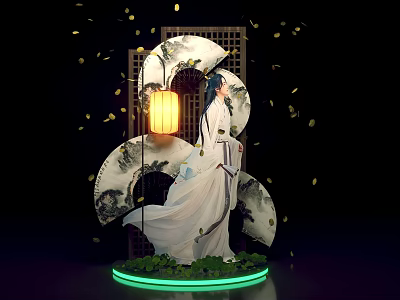 Ancient Style Figure In White Robe With Lantern Ink Painting Background And Falling Petals 3d model