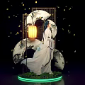 Ancient Style Figure In White Robe With Lantern Ink Painting Background And Falling Petals