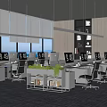 Modern Public Office Space With Desks Computers Green Plants And Large Windows And Bookshelves