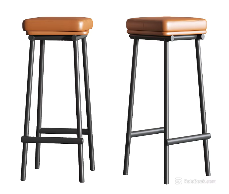 Modern Bar Stools With Brown Leather Seats And Black Metal Frames 3d model 