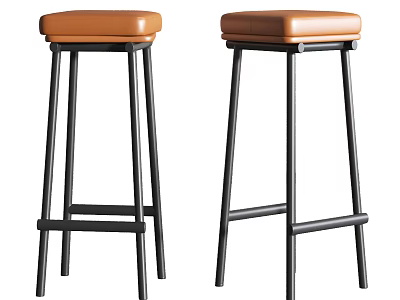 Modern Bar Stools With Brown Leather Seats And Black Metal Frames 3d model
