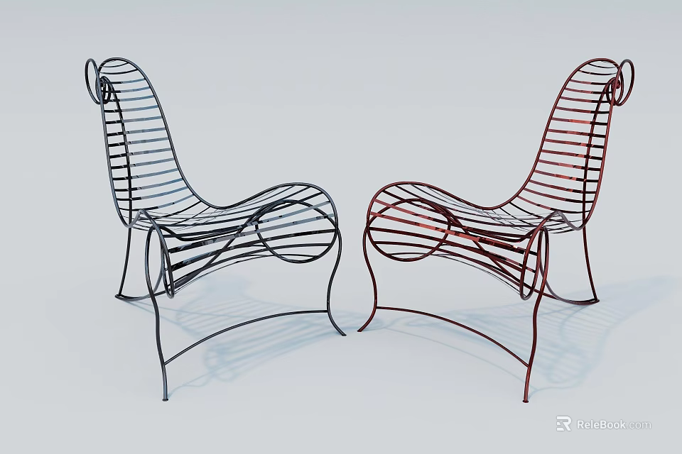 Modern Single Chair With Curved Wireframe Design Black And Red Metal Frame 3d model 