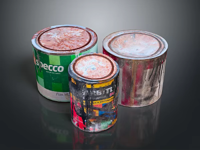Three Colorful Paint Cans With Rusty Lids And Brand Labels 3d model