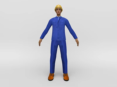 Man in Blue Work Uniform With Yellow Hard Hat and Orange Shoes 3d model