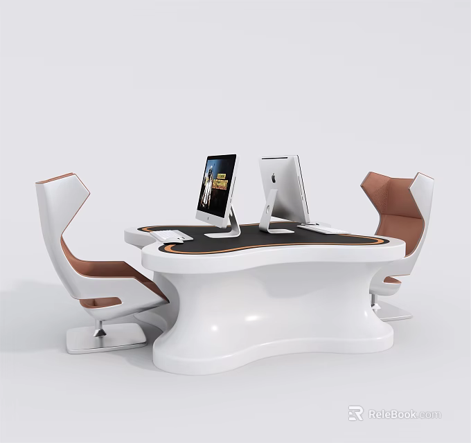 Modern Stylish White Functional Desk With Two Computers And White Brown Chairs 3d model