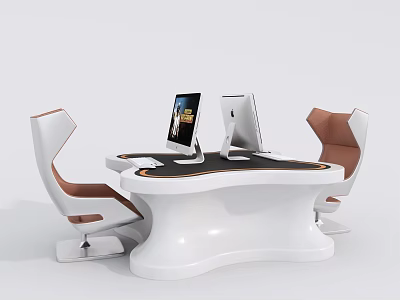 Modern Stylish White Functional Desk With Two Computers And White Brown Chairs 3d model