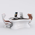 Modern Stylish White Functional Desk With Two Computers And White Brown Chairs 3d model