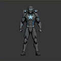 Hi Tech Biomechanical Character in Black Blue Armor with Glowing Cybernetic Elements