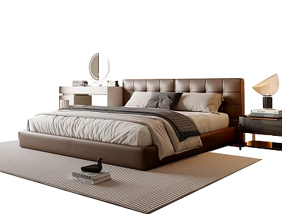 Modern Double Bed with Leather Headboard Light Bedding Nightstand Lamp and Rug 3d model