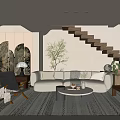 Modern Living Room With Beige Sofa Round Coffee Table Green Plant Decorative Mirrors And Staircase