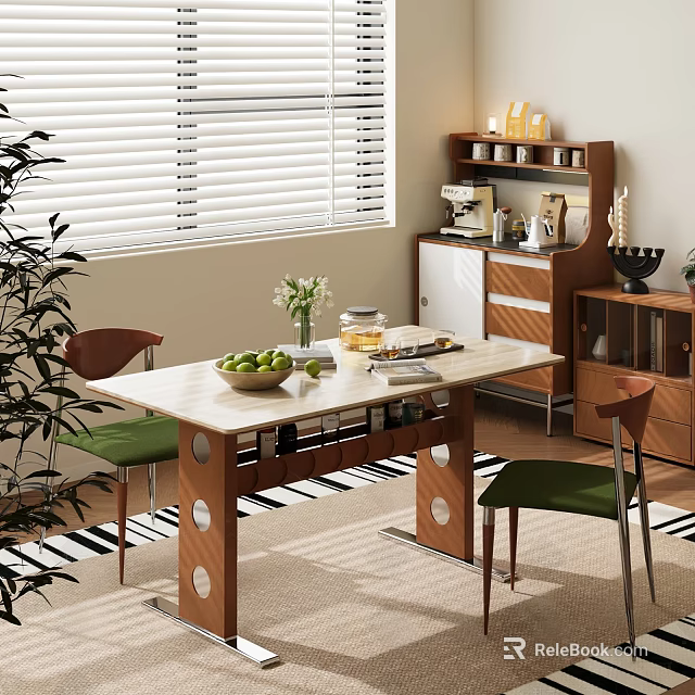 Modern Dining Table Set With Green Cushioned Chairs Marble Top And Sideboard By Window 3d model 