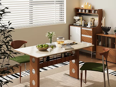 Modern Dining Table Set With Green Cushioned Chairs Marble Top And Sideboard By Window 3d model