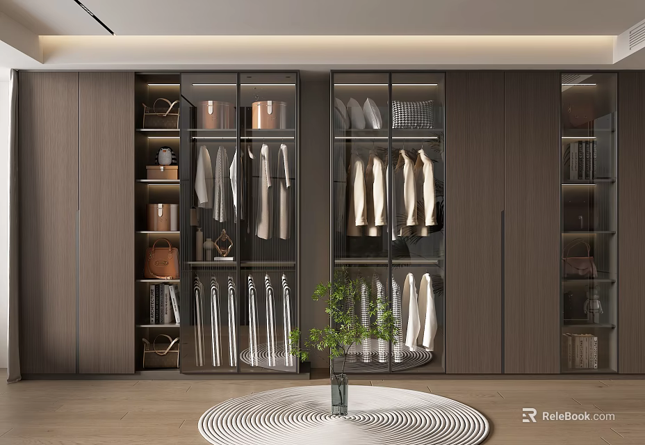 Modern Walk-in Closet Interior with Glass Doors Cabinets Hanging Clothes Round Rug and Green Plant 3d model 