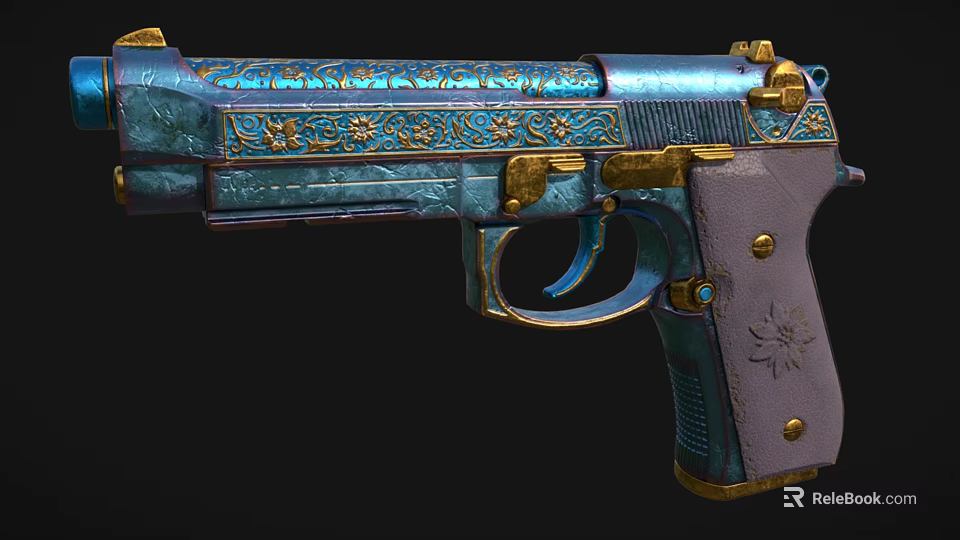 Ornate Blue And Gold Decorative Pistol With Intricate Patterns On Purple Grip 3d model 