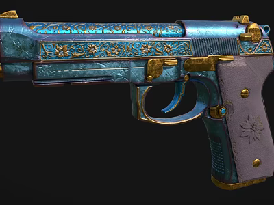 Ornate Blue And Gold Decorative Pistol With Intricate Patterns On Purple Grip 3d model