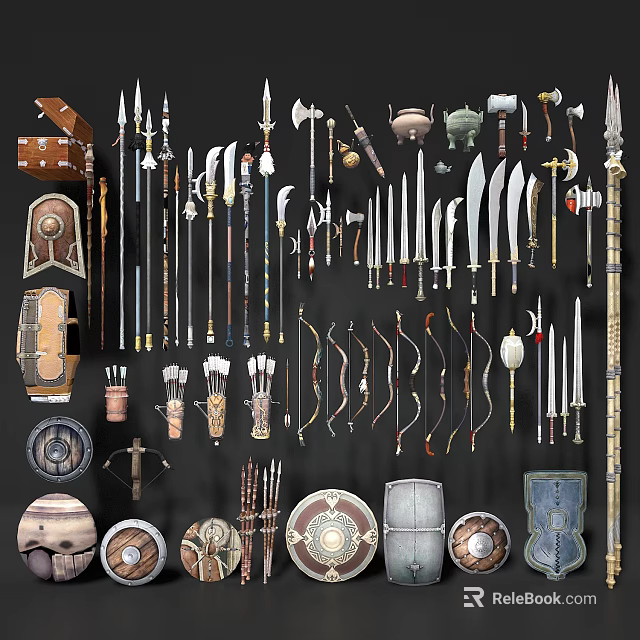 Ancient Medieval Weapons Collection Including Swords Axes Spears Bows And Shields 3d model