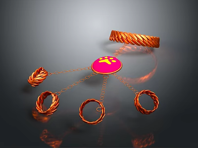 Red Circular Pendant With Yellow Pattern And Copper Ring Decorations Connected By Chains 3d model