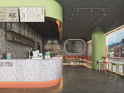 Modern Bubble Tea Shop Interior With Speckled Counter Seating Area And Menu Boards 3d model