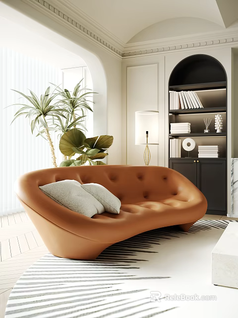 Brown Irregular Shaped Leather Sofa With White Cushions Green Plants Floor Lamp And Bookshelf 3d model 