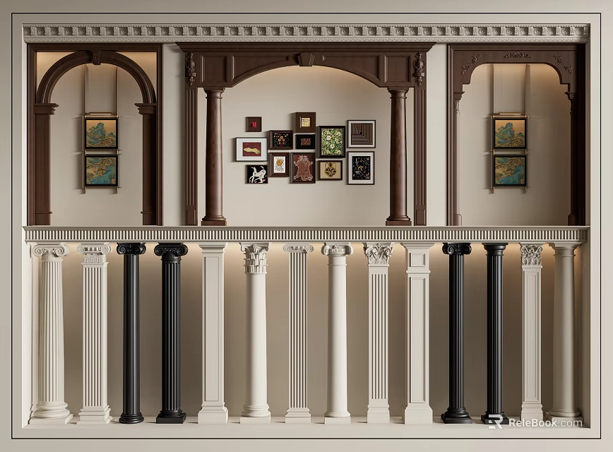 White And Black Roman Columns Arranged In Decorative Balustrade With Arches And Hanging Paintings Above 3d model 