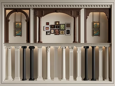 White And Black Roman Columns Arranged In Decorative Balustrade With Arches And Hanging Paintings Above 3d model