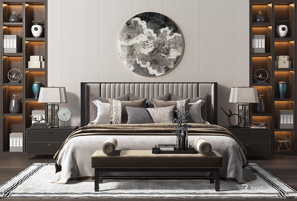 Modern Double Bed Setup With Circular Floral Painting Bedside Tables And Bench 3d model