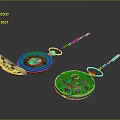 Decorative Circular Ornaments With Gold Chains Intricate Patterns And Wooden Base