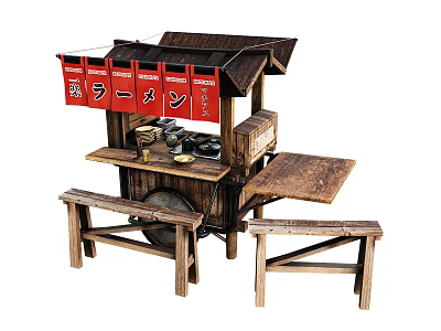 Traditional Commercial Street Food Stall With Red Signboard And Wooden Tables Stools 3d model