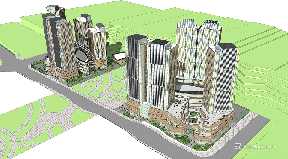 Modern Commercial Complex Featuring High Rise Buildings Central Plaza And Green Spaces 3d model 