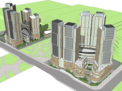 Modern Commercial Complex Featuring High Rise Buildings Central Plaza And Green Spaces 3d model