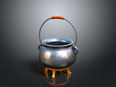 Silver Cooking Pot With Red Handle And Yellow Stand For Household Kitchen Use 3d model
