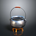Silver Cooking Pot With Red Handle And Yellow Stand For Household Kitchen Use