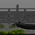Traditional Courtyard Garden with Carved Railings Rockery Stones Green Shrubs Small Boat and Pebble Ground