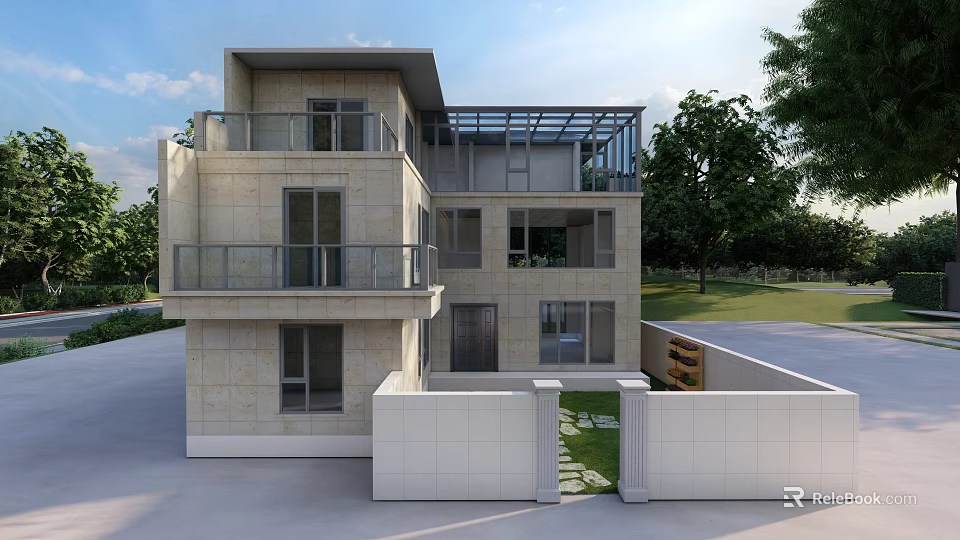 Modern Three Story Detached Villa With Light Stone Exterior Large Windows And Green Surroundings 3d model 