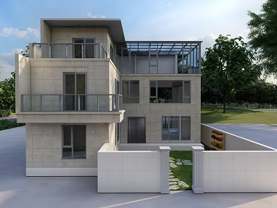 Modern Three Story Detached Villa With Light Stone Exterior Large Windows And Green Surroundings 3d model