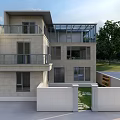 Modern Three Story Detached Villa With Light Stone Exterior Large Windows And Green Surroundings