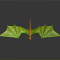 Green Dragon with Large Wings and Orange Head Flying in Gray Background