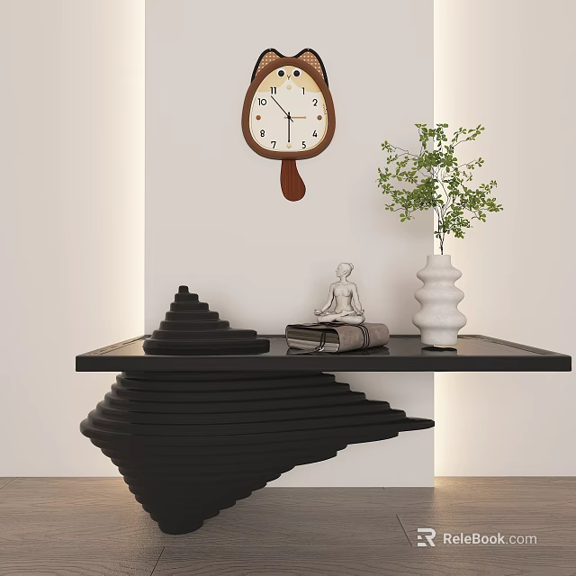 Decorative Wall Clock with Hanging Design and Buddha Statue on Black Table with Green Plant 3d model 