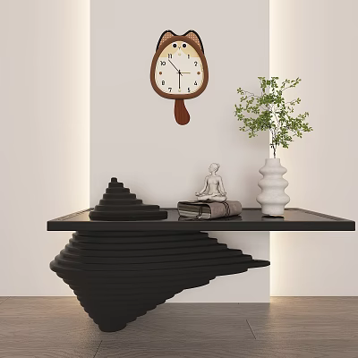 Decorative Wall Clock with Hanging Design and Buddha Statue on Black Table with Green Plant 3d model