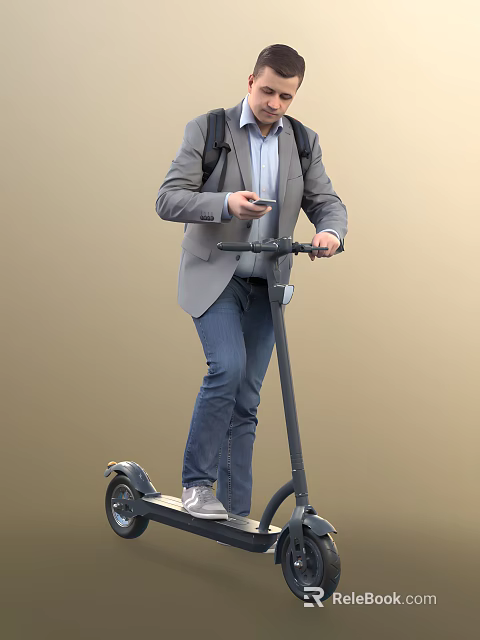 Man In Gray Blazer And Jeans Riding Electric Scooter Using Smartphone 3d model 